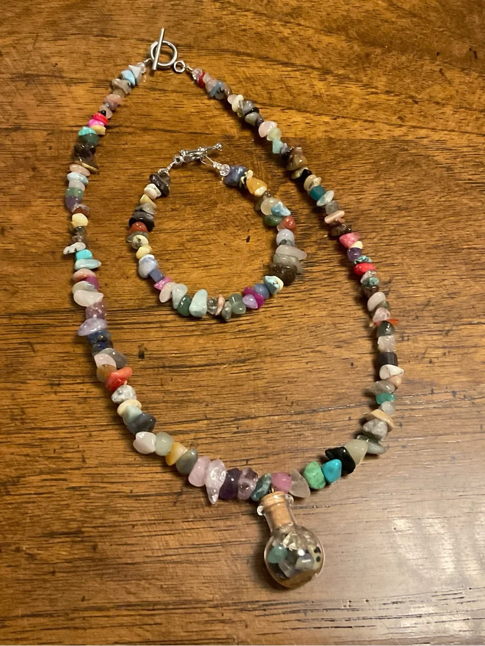 Multi-Color Chip Gemstone Necklace and Bracelet Set with Glass Vial Pendant